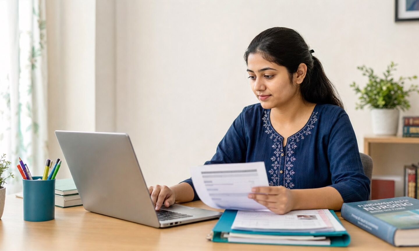 BSc Nursing applicant reviewing ABVMU CNET 2026 mop-up counselling documents beside a laptop