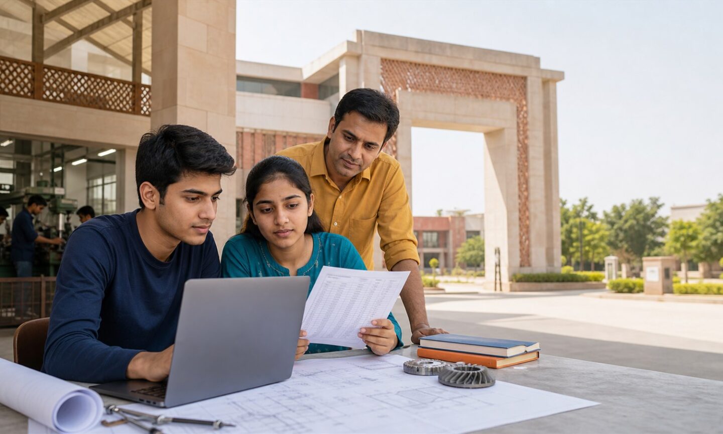 Engineering applicants checking Gujarat ACPC vacant-seat admission information at a college campus