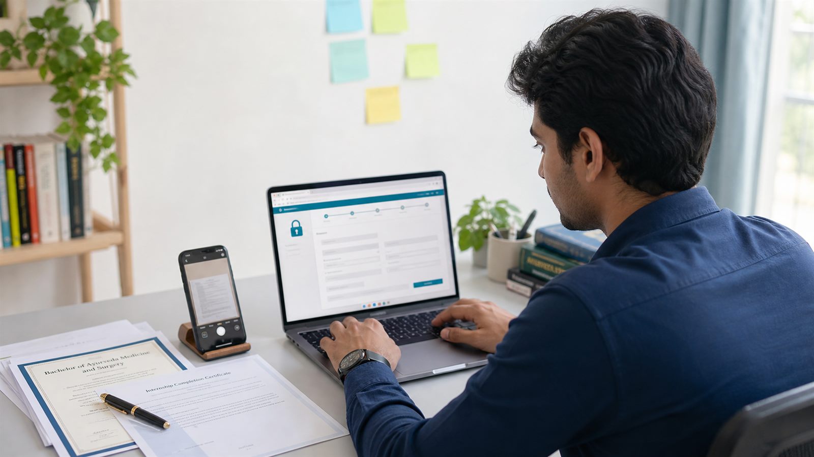 AYUSH postgraduate aspirant completing the AIAPGET 2026 online application with degree and internship documents
