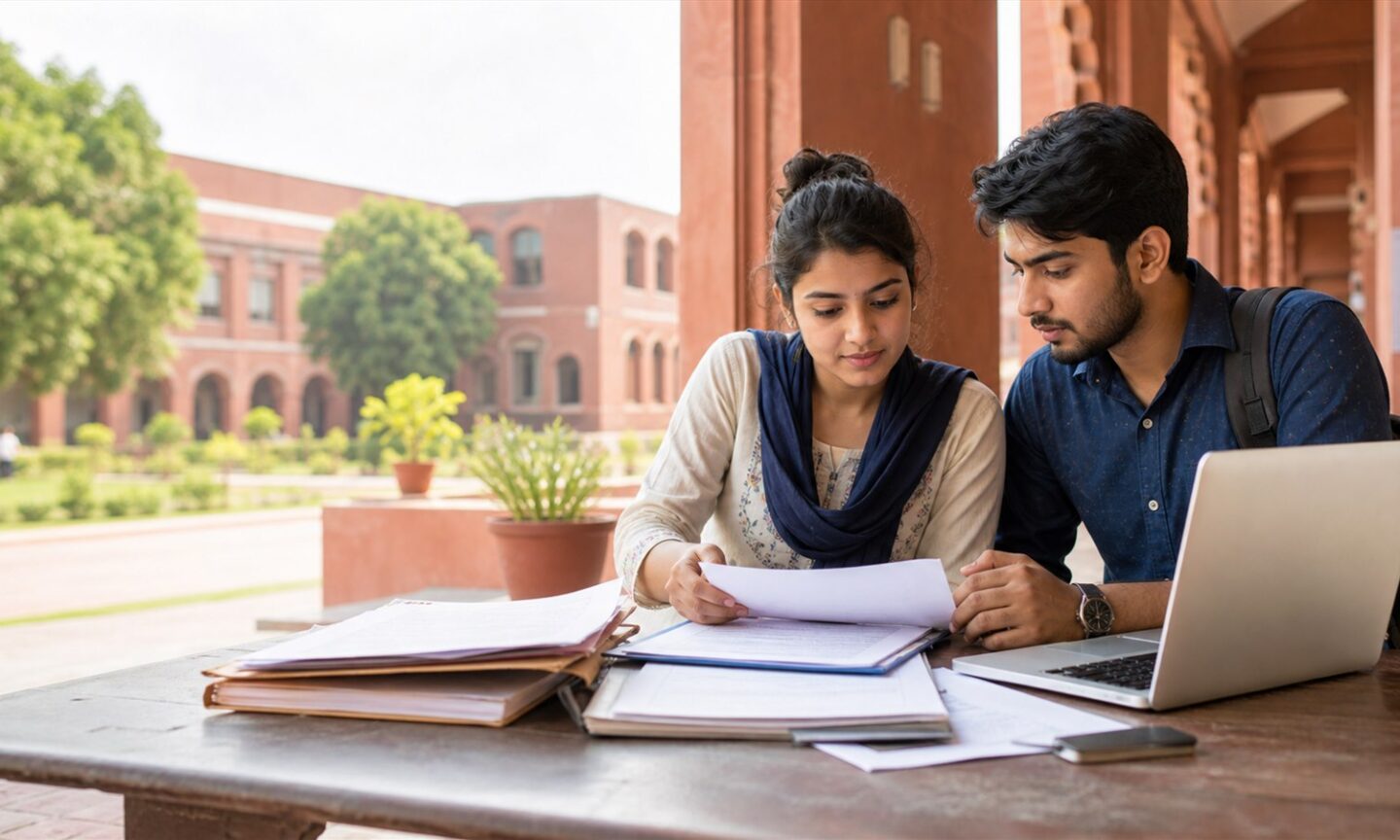 Postgraduate applicants reviewing Allahabad University admission documents and physical verification steps