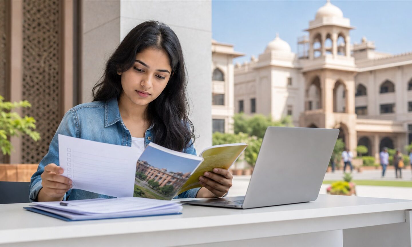 Prospective student reviewing an Apex University admission checklist at a Jaipur campus