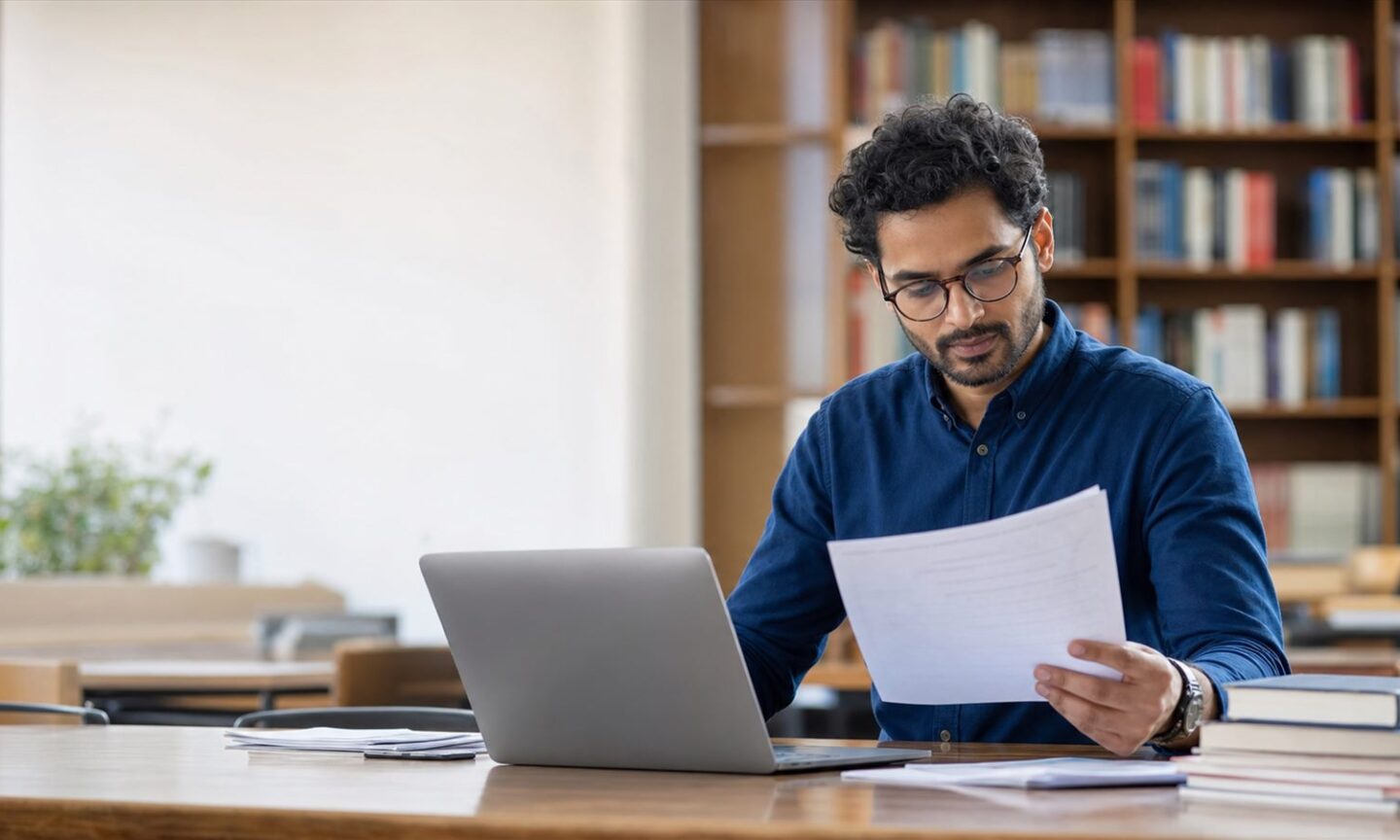 Doctoral applicant reviewing application documents beside a laptop in a university library