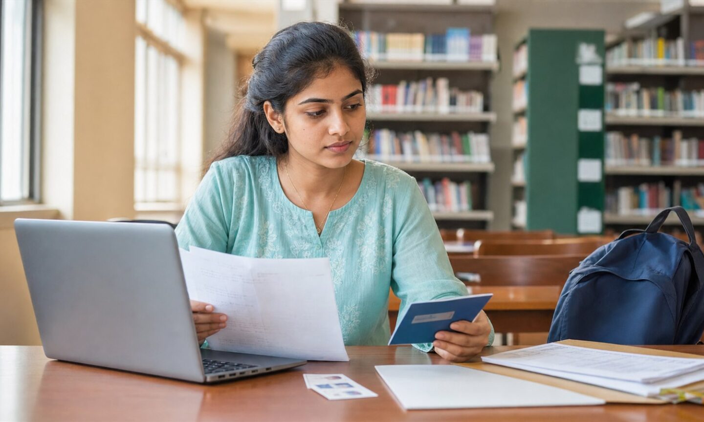 First-year Indian woman student preparing scholarship documents on a laptop