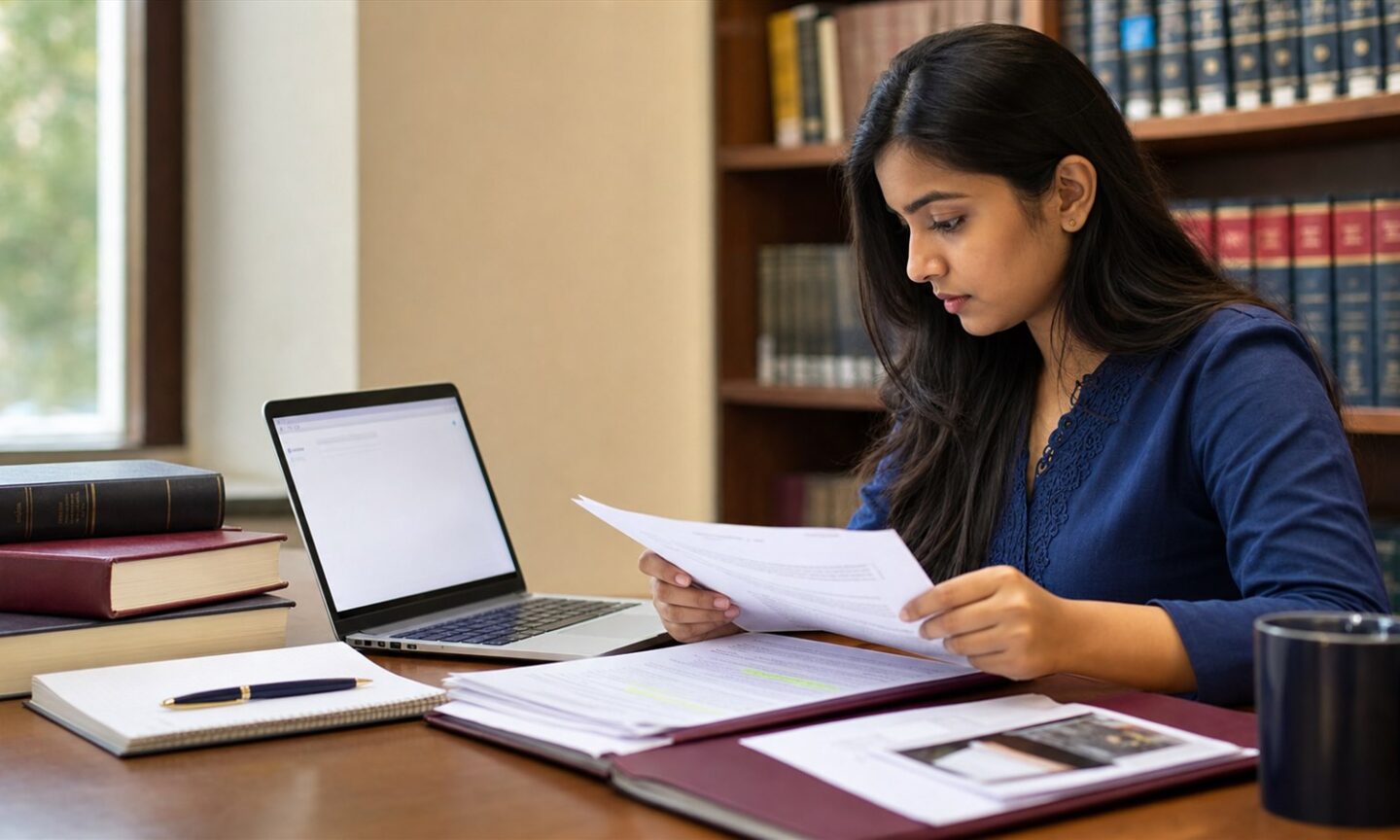Postgraduate law student reviewing a statement of purpose and supporting documents before the BBAU LLM deadline