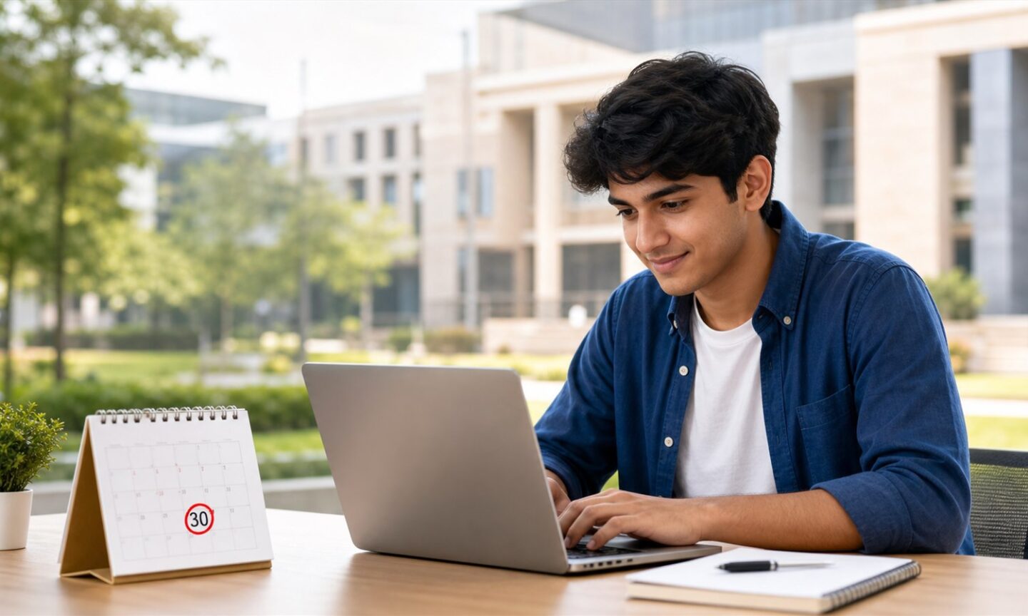 Indian student completing a BBAU undergraduate admission form on a laptop with a July 30 deadline calendar