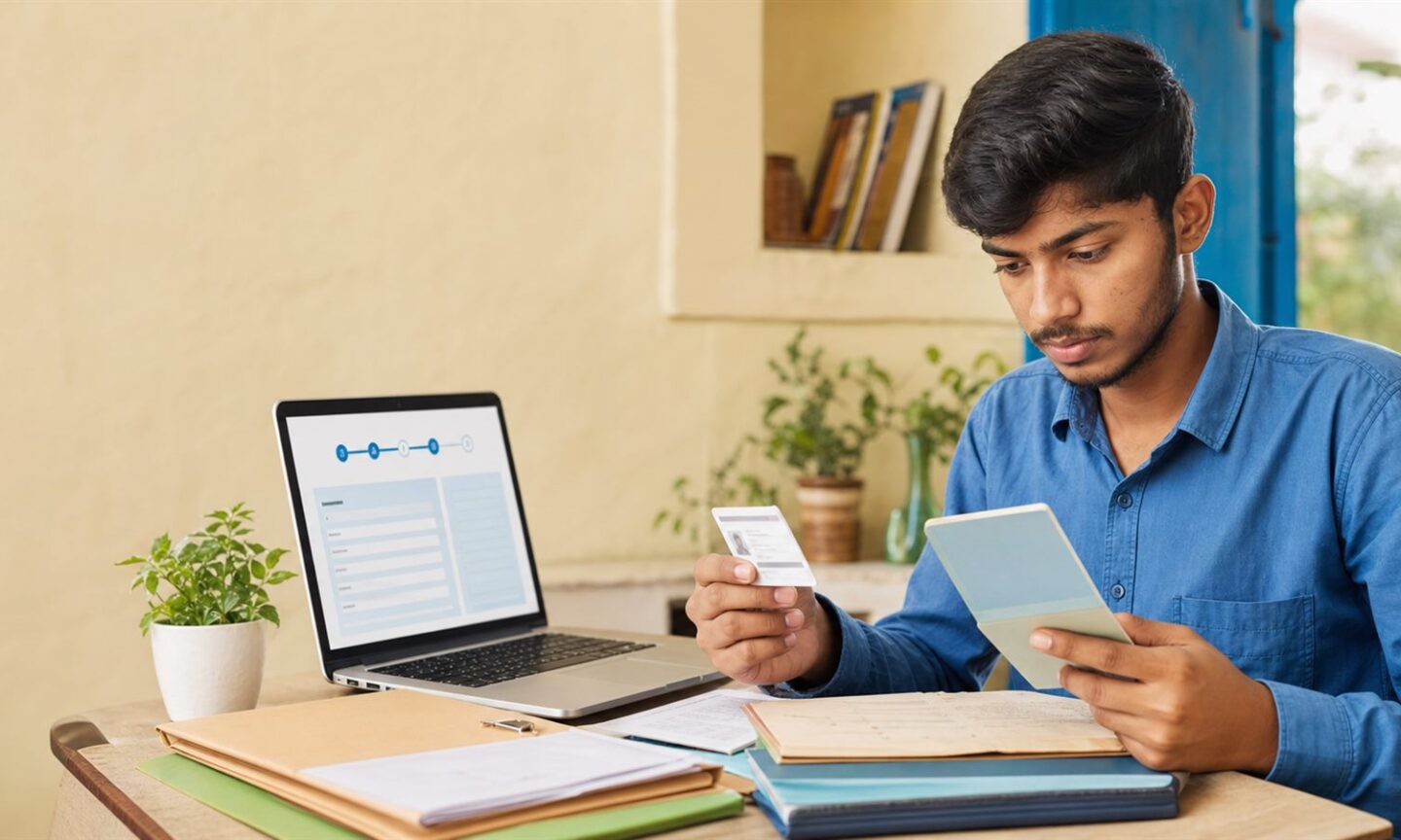 Bihar student preparing certificates and Aadhaar-seeded bank details for the SC ST post matric scholarship application