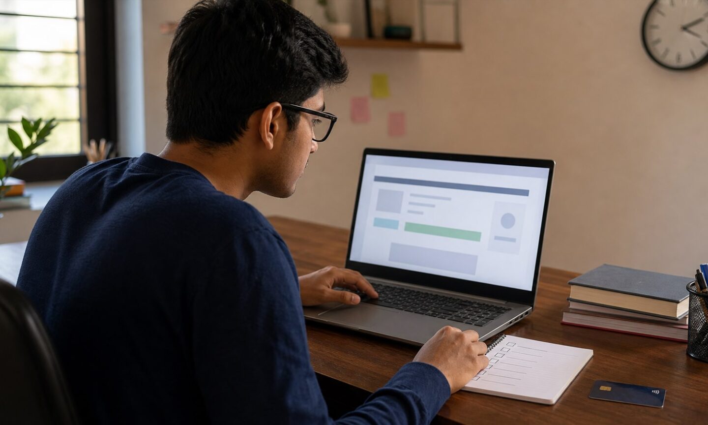 Indian engineering aspirant checking an admission result and fee checklist on a laptop