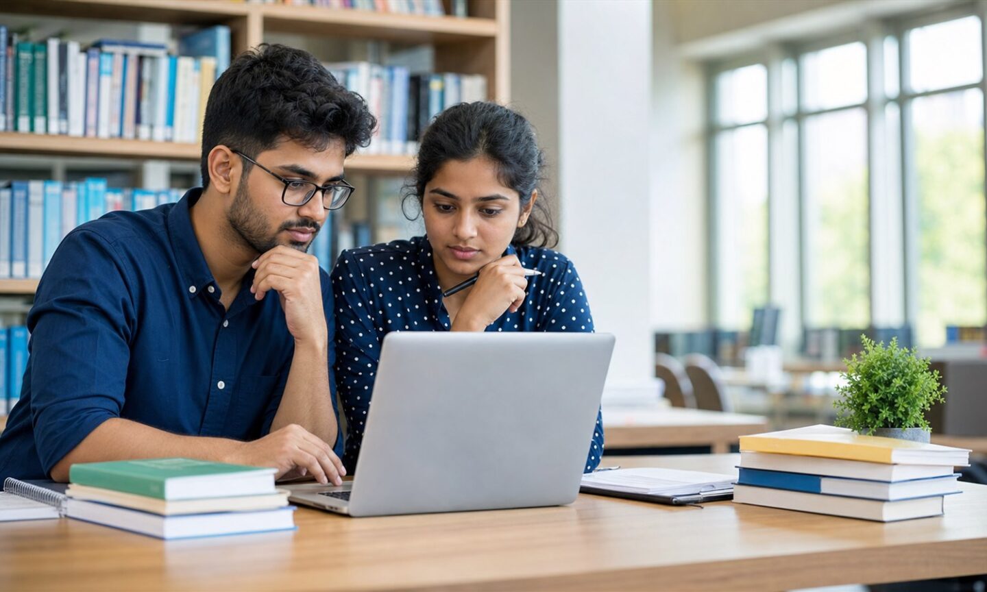 Indian postgraduate science applicants checking an online counselling email on a laptop
