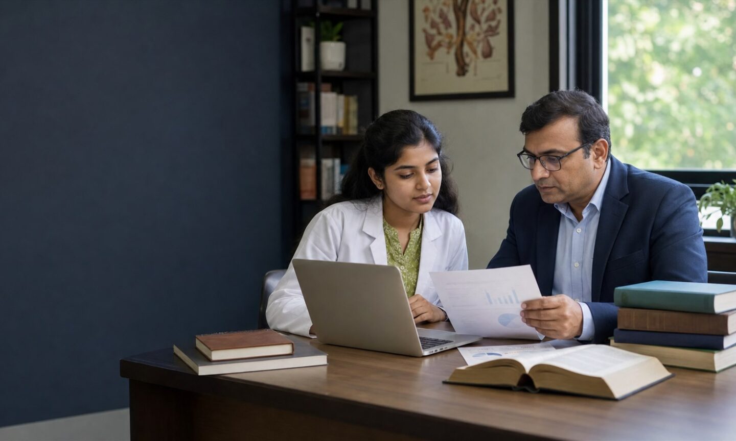BHMS student and faculty mentor reviewing an anonymized research proposal for STSH 2026