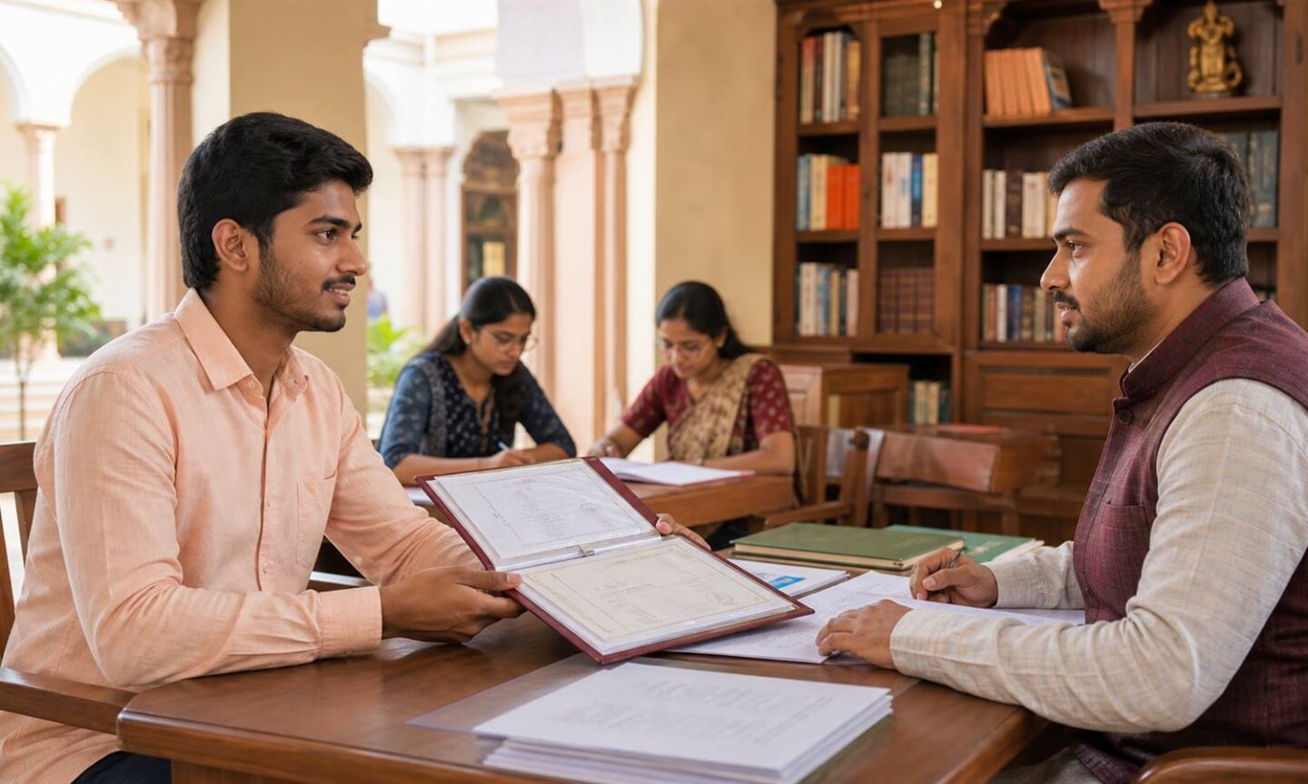 Indian B.Ed candidate presenting academic documents during university counselling verification