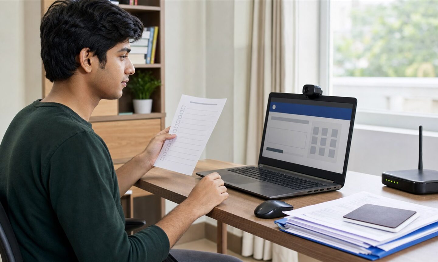 Indian student preparing a laptop camera and documents for an online proctored entrance examination