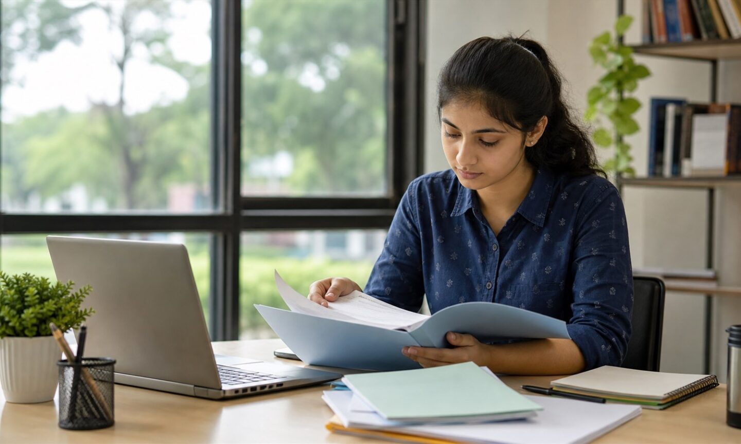 Postgraduate applicant organizing documents for an environmental science spot admission
