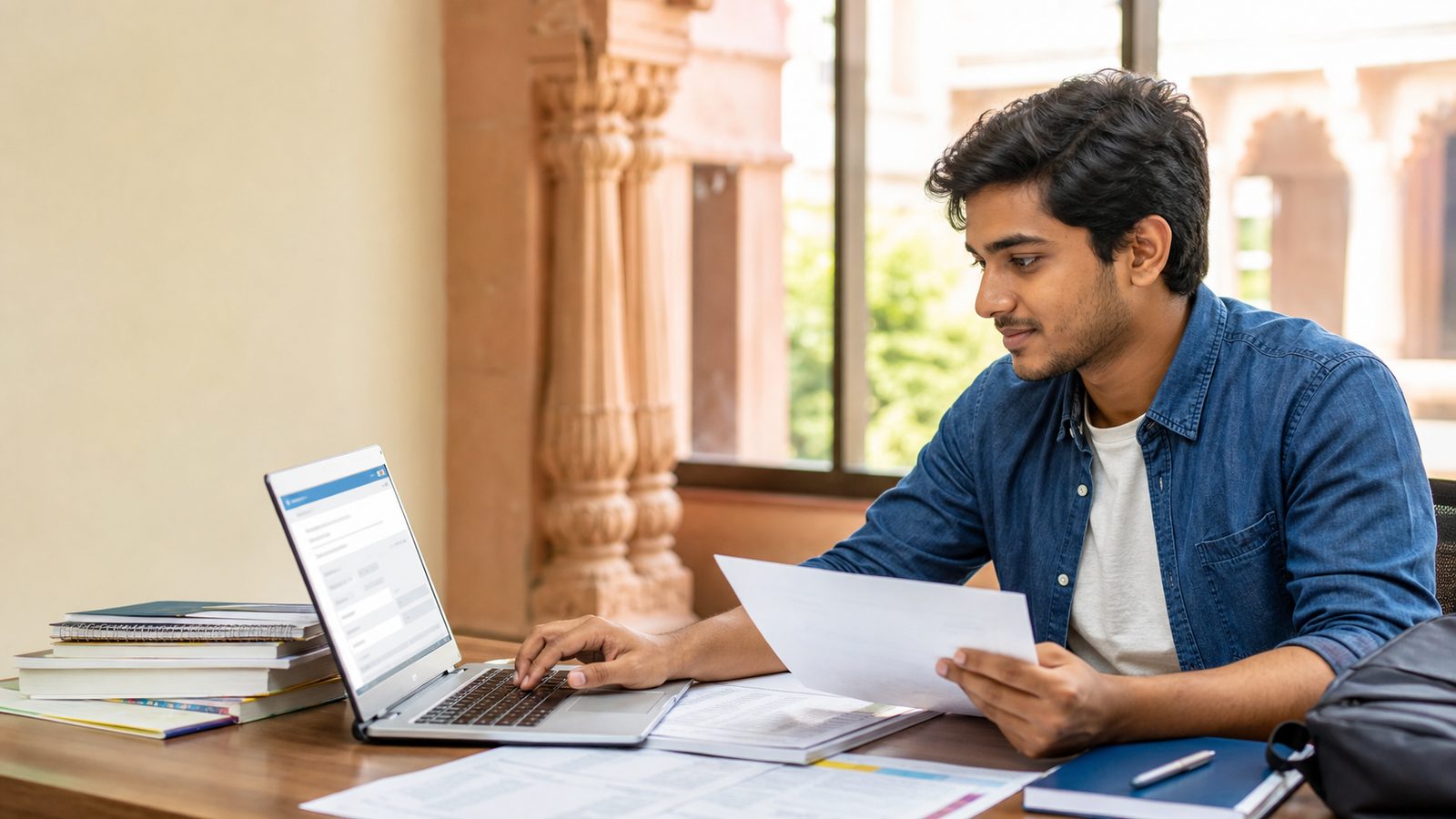 Indian university applicant reviewing CURAJ 2026 admission documents on a laptop