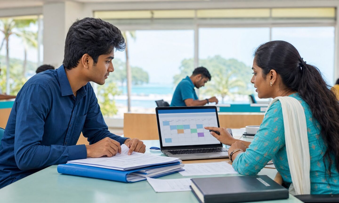 Engineering applicant reviewing DBRAIT counselling dates and certificates with an admissions staff member