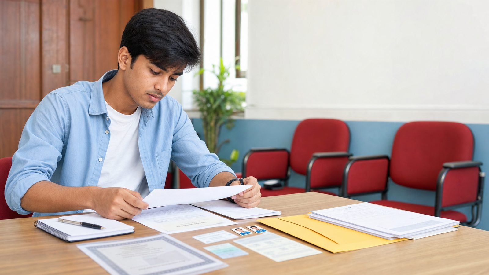 Delhi student arranging original documents and photographs for Patrachar Vidyalaya admission verification