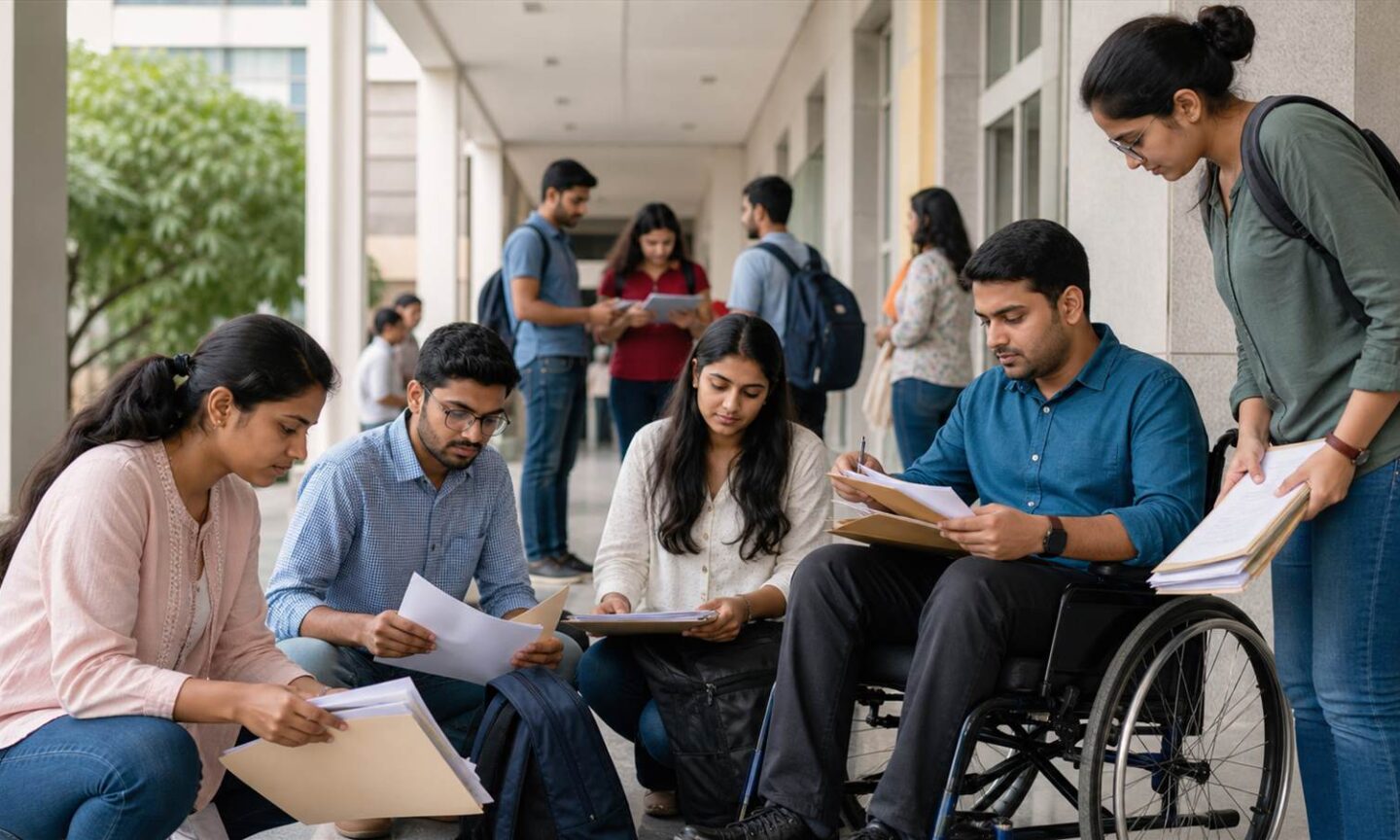 Postgraduate applicants preparing original documents for DSMNRU counselling in Lucknow