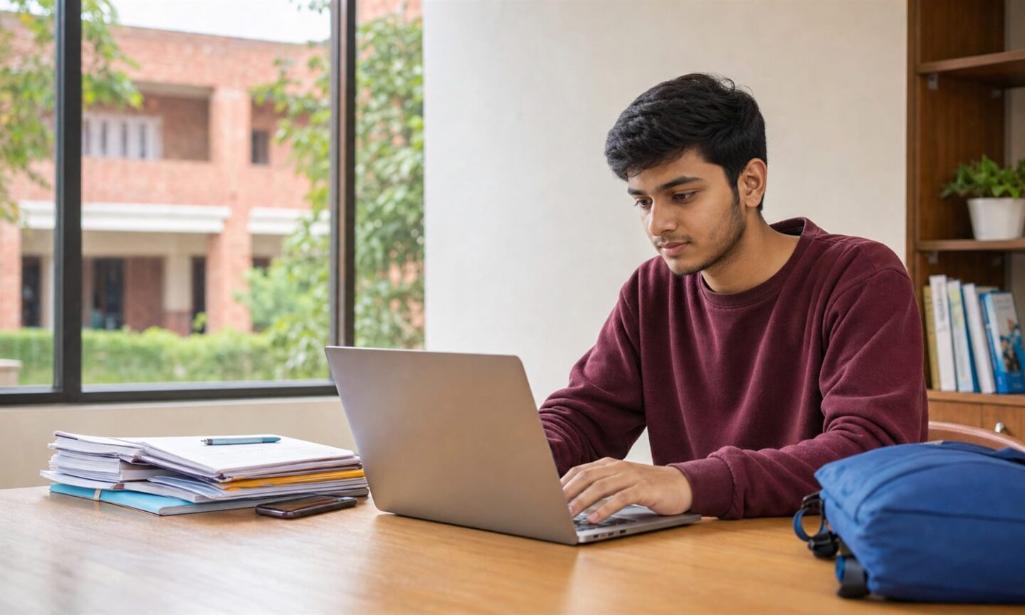 University student completing an online hostel admission application with academic documents