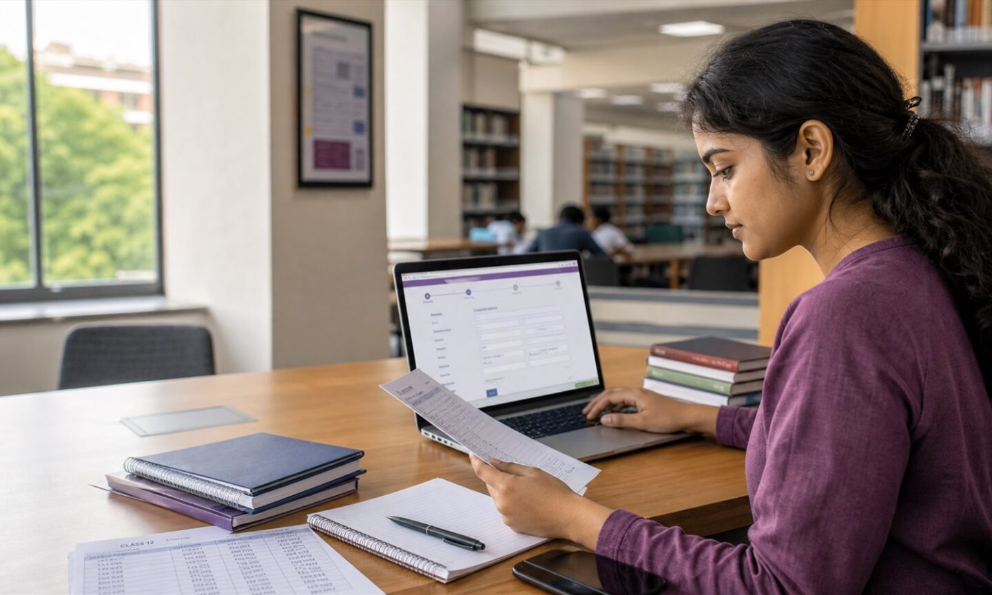 Student reviewing documents while completing an online teacher education admission form
