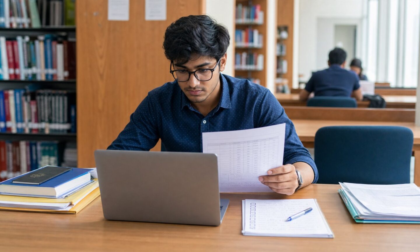 Indian postgraduate applicant checking degree records and admission steps on a laptop