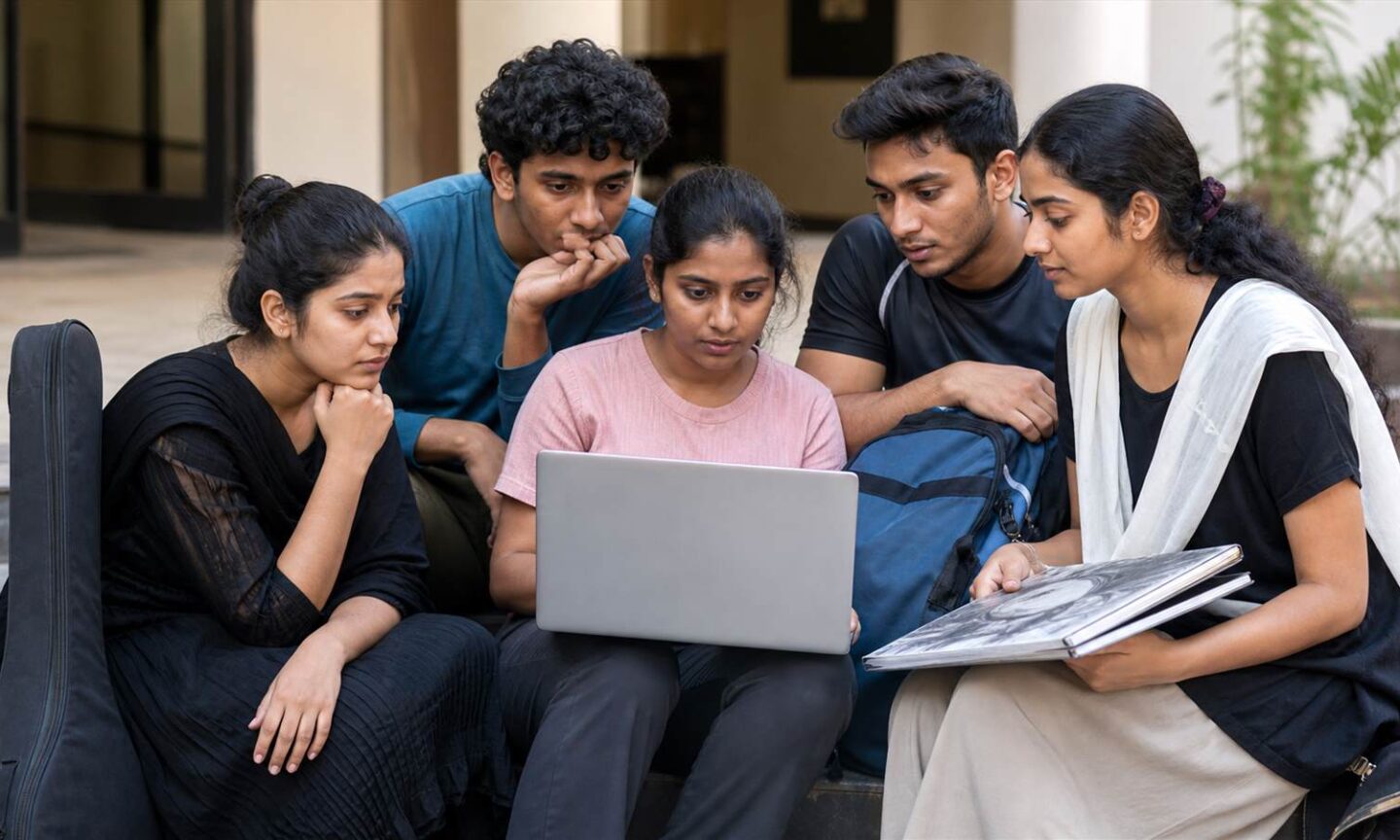 Postgraduate performing arts and physical education students checking a university allocation portal