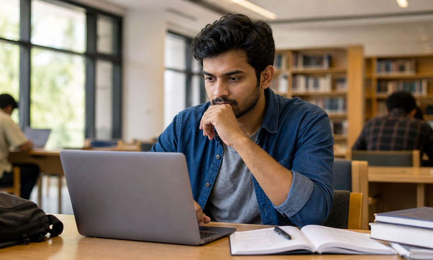 Postgraduate applicant reviewing Delhi University Spot Round choices on a laptop