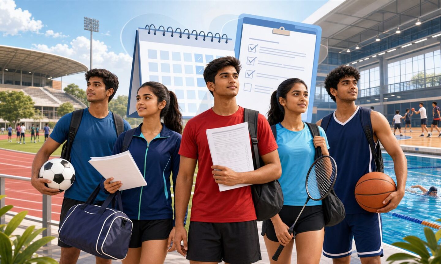 Indian student athletes arriving with application forms and sports kits for university admission trials