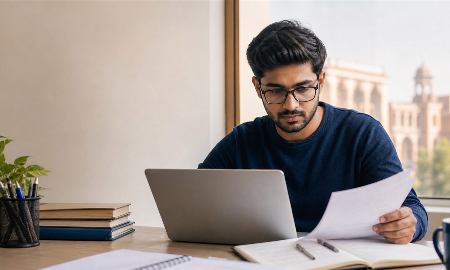 Doctoral applicant reviewing an online university application on a laptop before a deadline