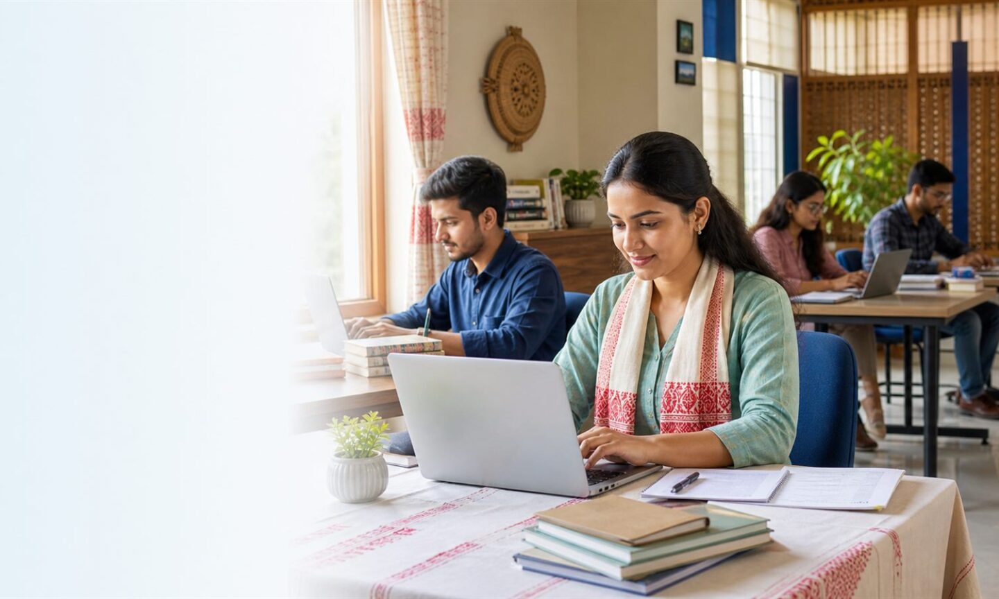Adult learners completing Gauhati University distance admission applications at a study centre