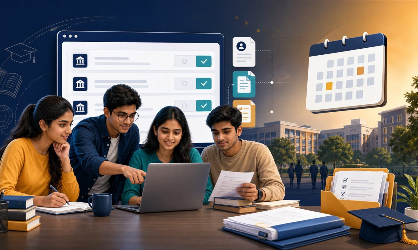 Indian university applicants reviewing online counselling choices, documents and upcoming admission dates