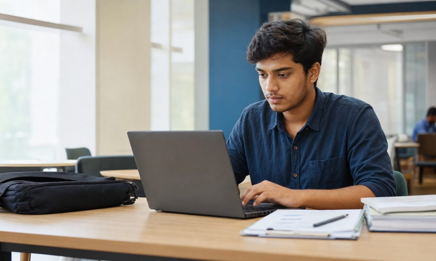 Indian postgraduate computing applicant reviewing GGSIPU MCA counselling documents on a laptop