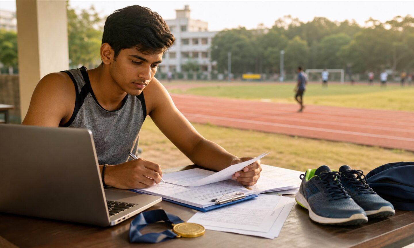 Indian student athlete preparing university sports-quota admission documents