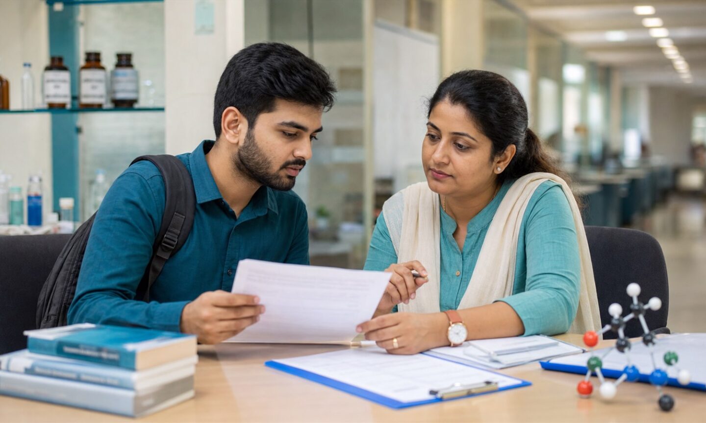 Pharmacy graduate reviewing Goa MPharm admission documents with a college staff member