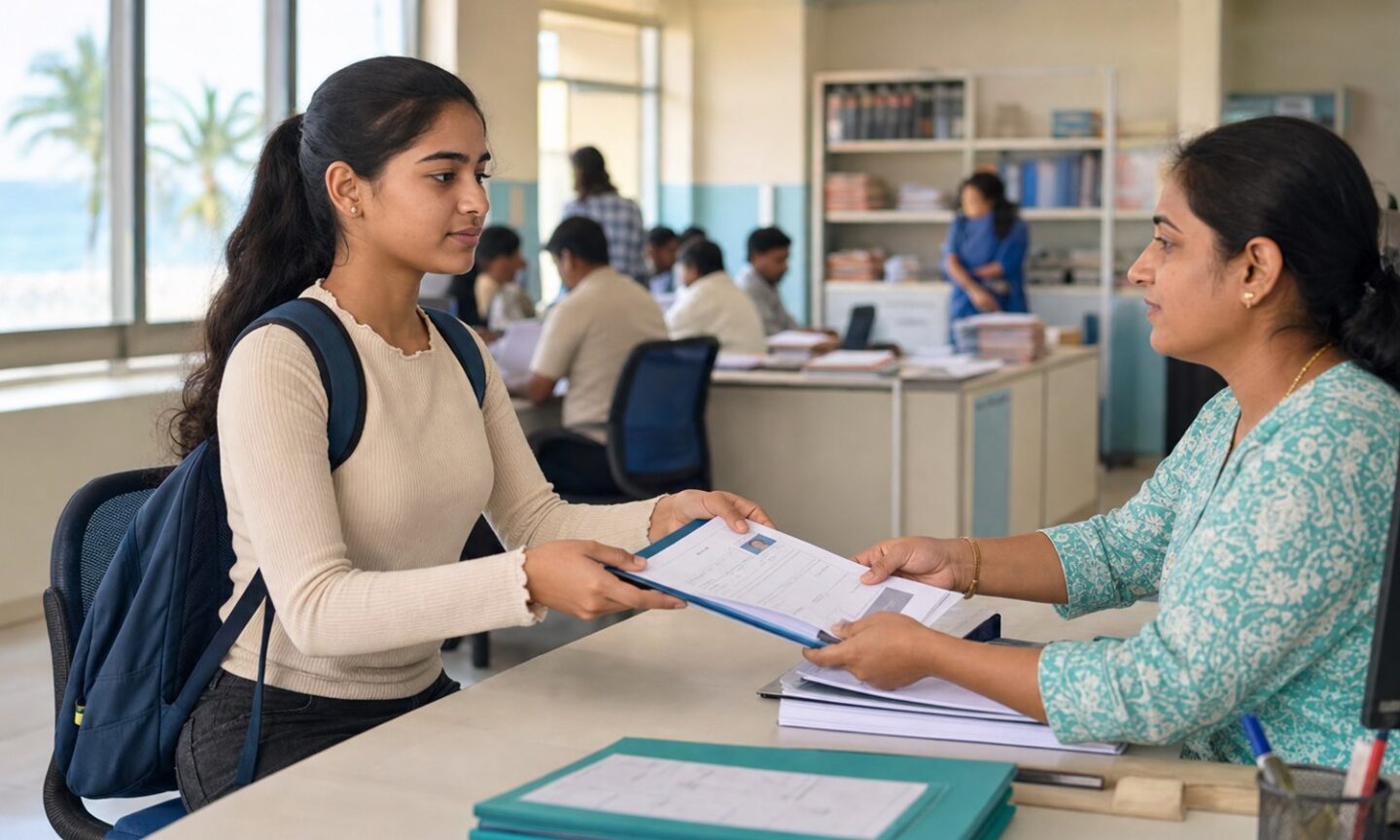 Goa NEET UG applicant submitting a scorecard and admission form at an education office
