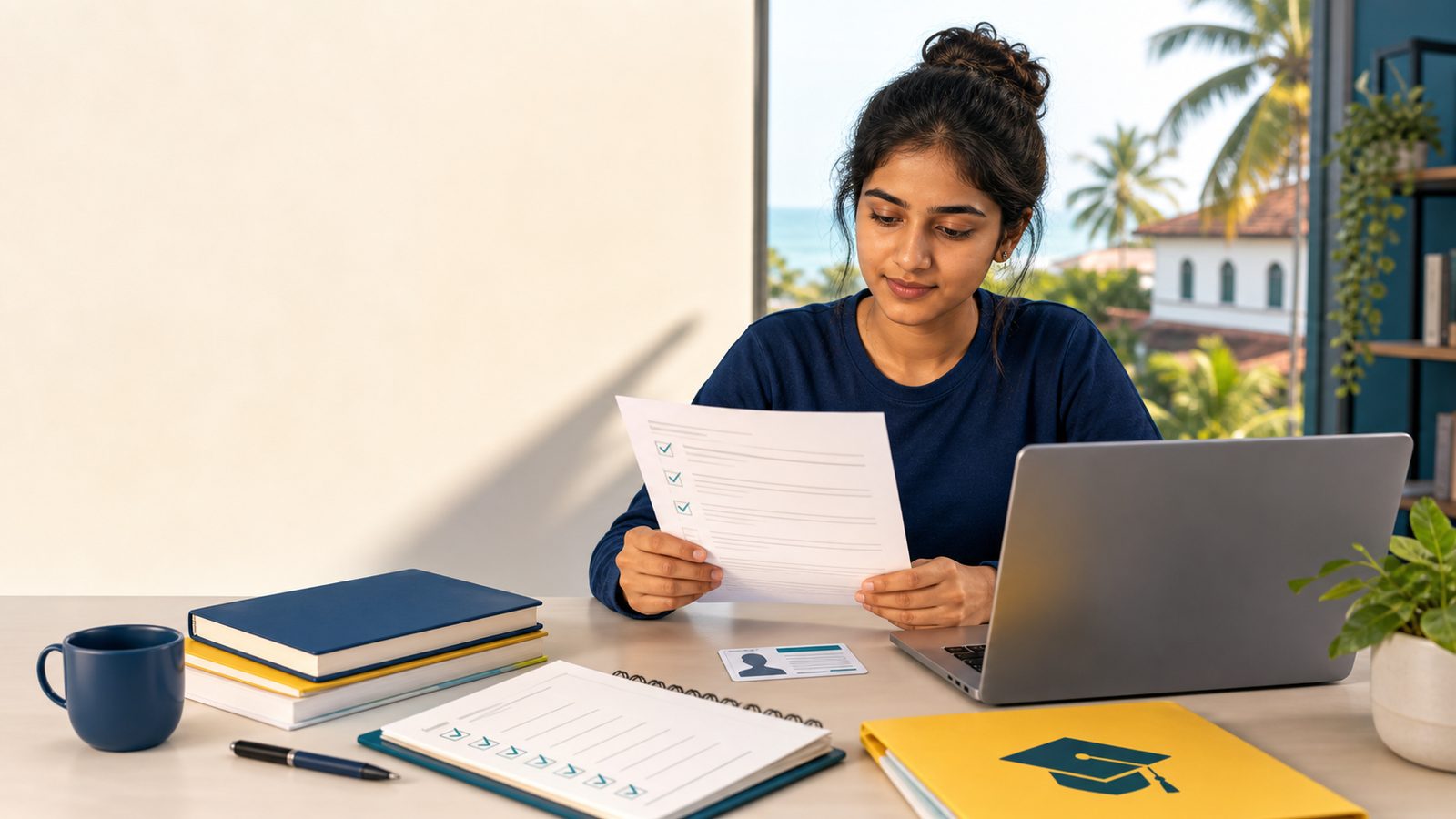 Goa student reviewing scholarship application documents beside a laptop for 2026-27 applications