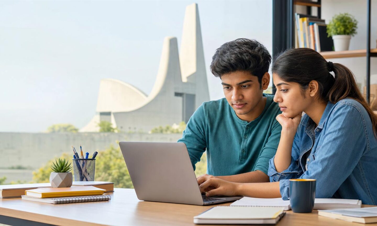 Engineering and architecture applicants reviewing JAC Chandigarh counselling choices on a laptop