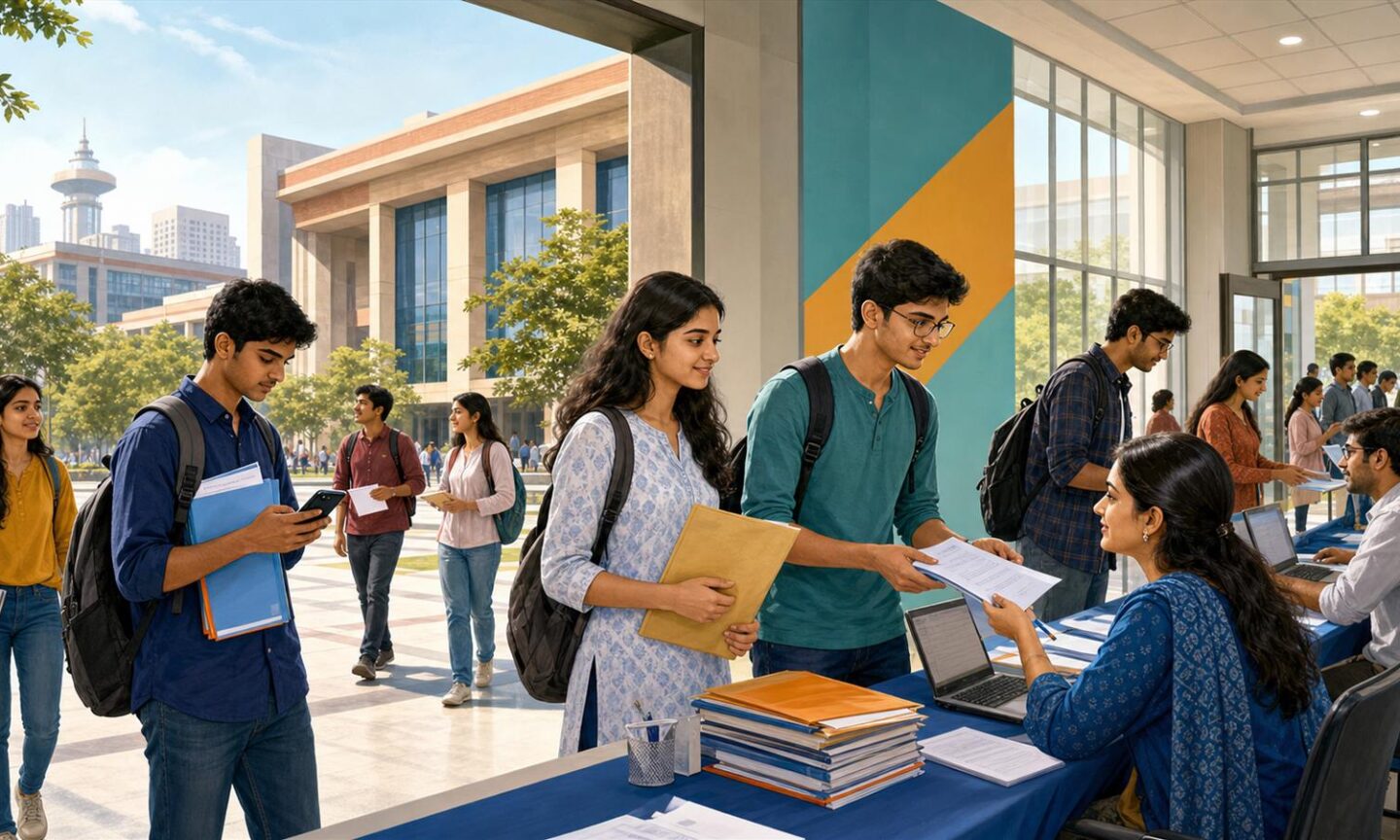 Students carrying counselling documents outside a modern Delhi engineering campus