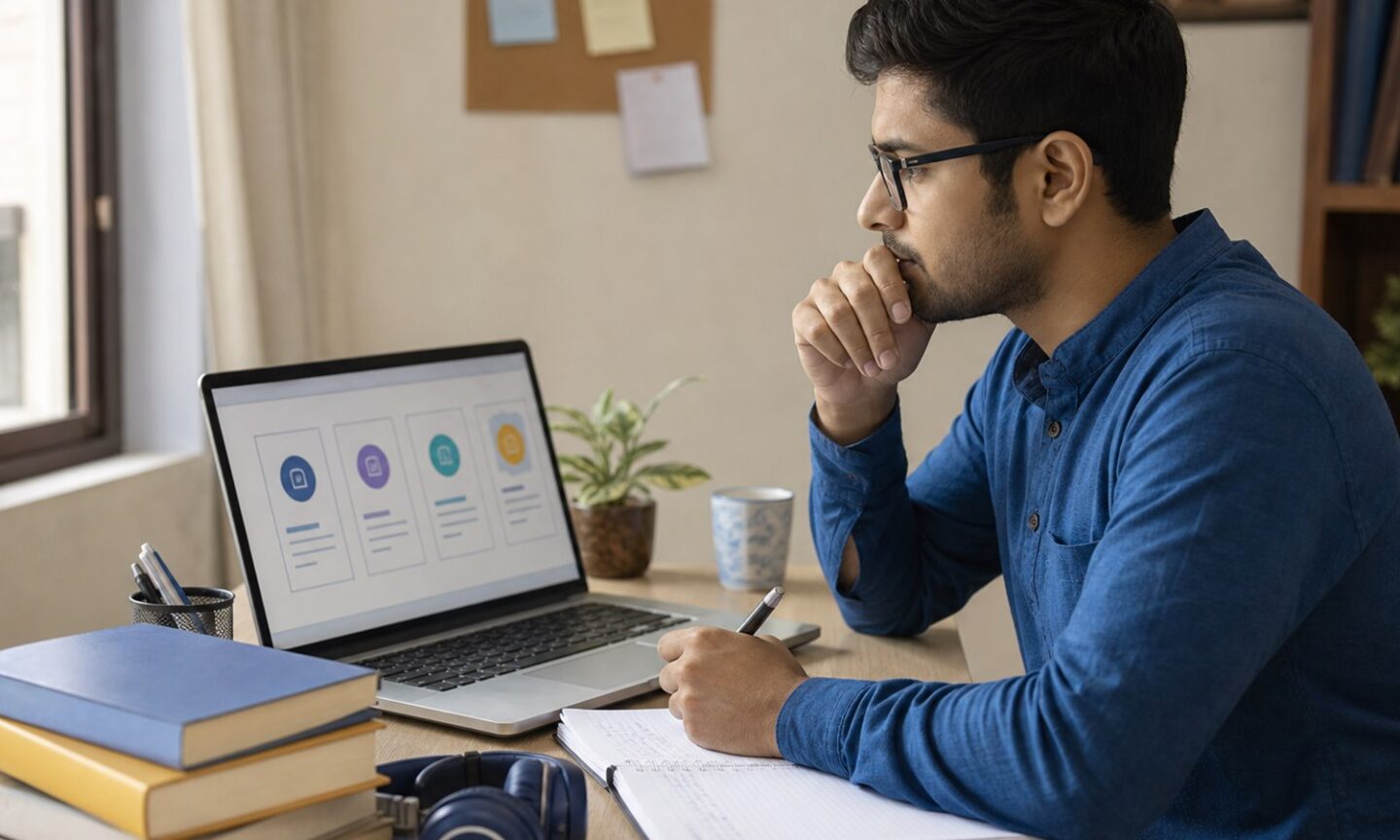 Indian learner reviewing online and distance university programme options on a laptop