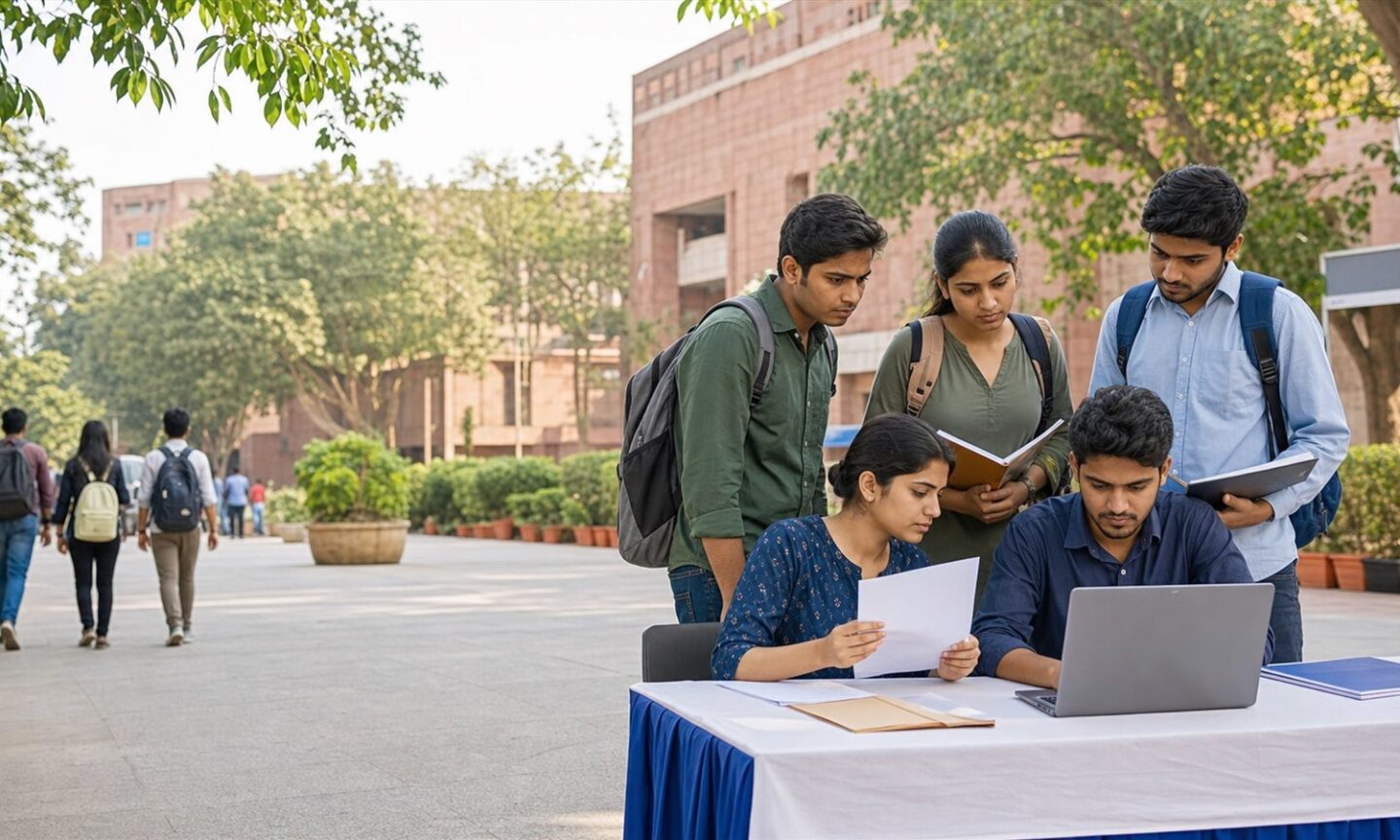 JNU applicants reviewing admission documents and the online application portal on campus