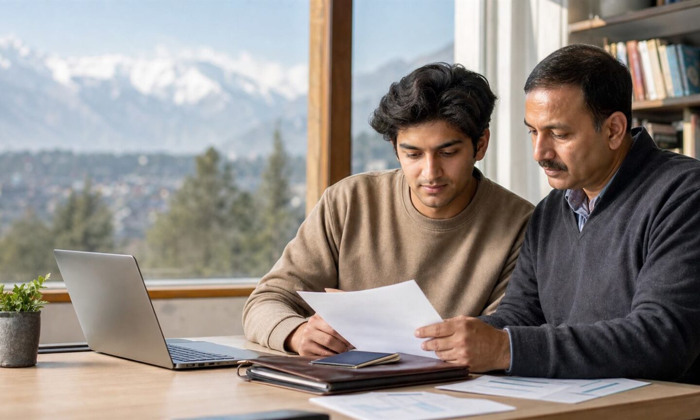 Kashmir University applicant and parent reviewing NRI admission documents beside a laptop