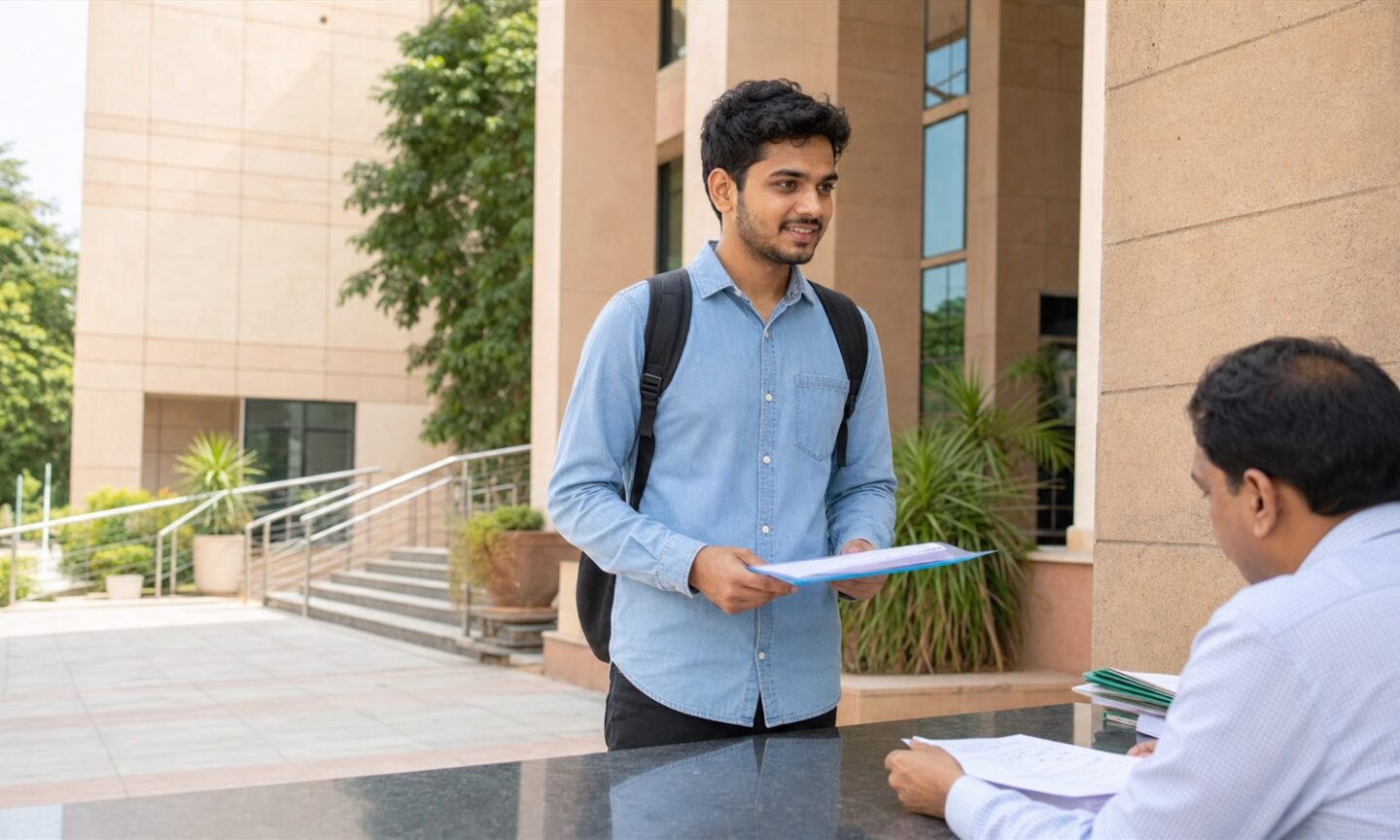 MCA student carrying admission documents for physical reporting at an Indian technical institute