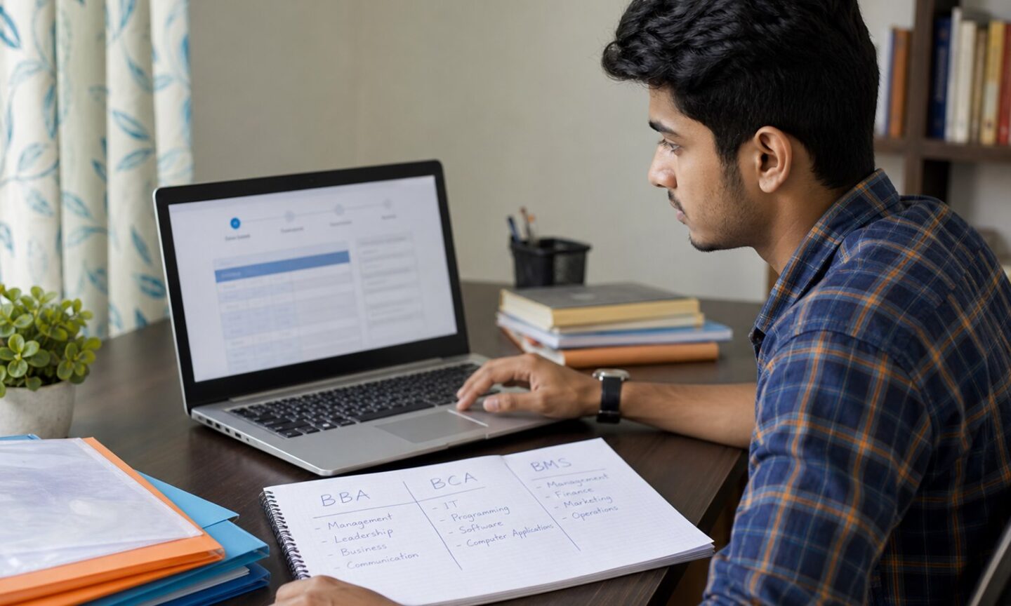 MHT CET candidate comparing BBA, BCA and BMS options while completing Maharashtra CAP registration