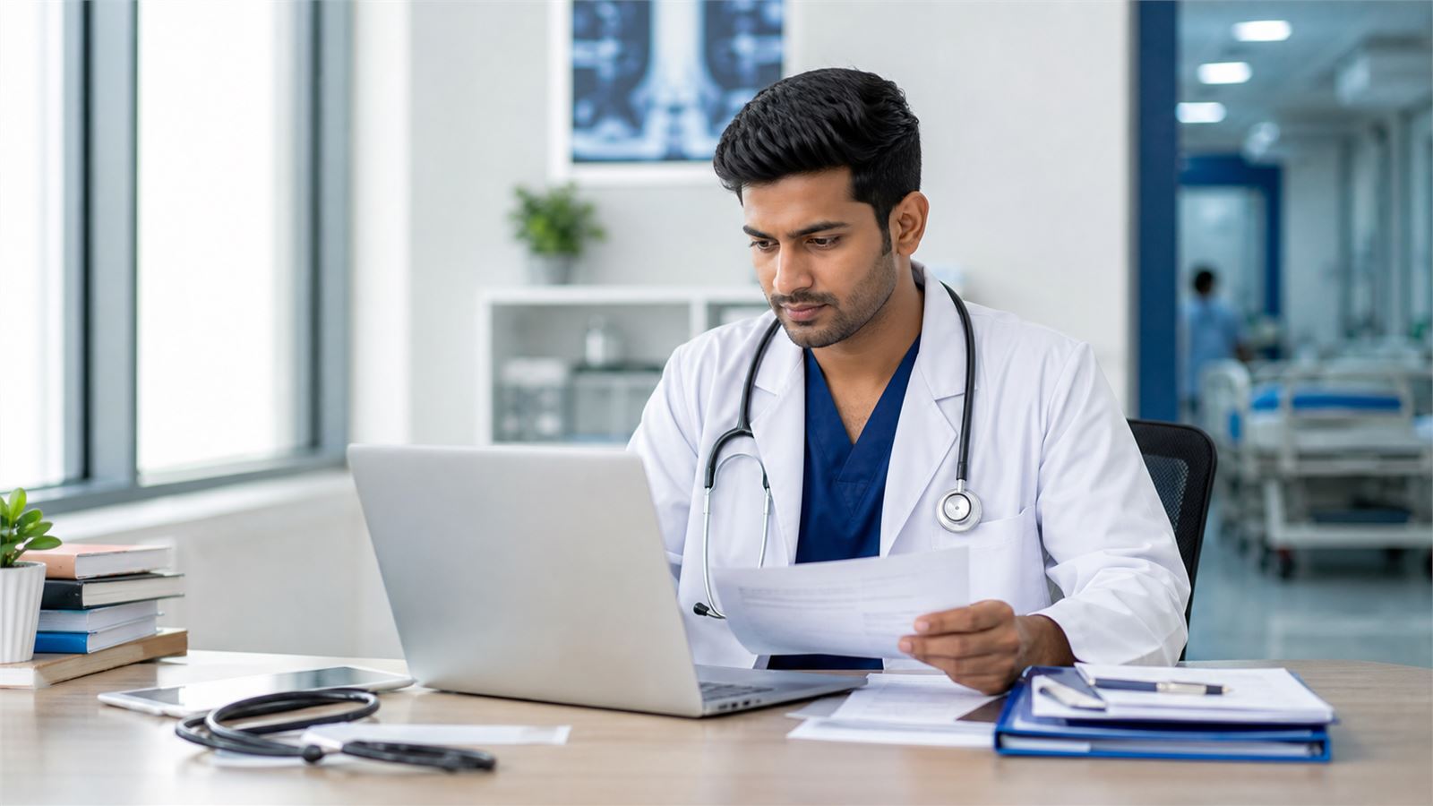 Post Diploma DNB doctor reviewing NBEMS PDCET 2026 counselling choices and hospital documents