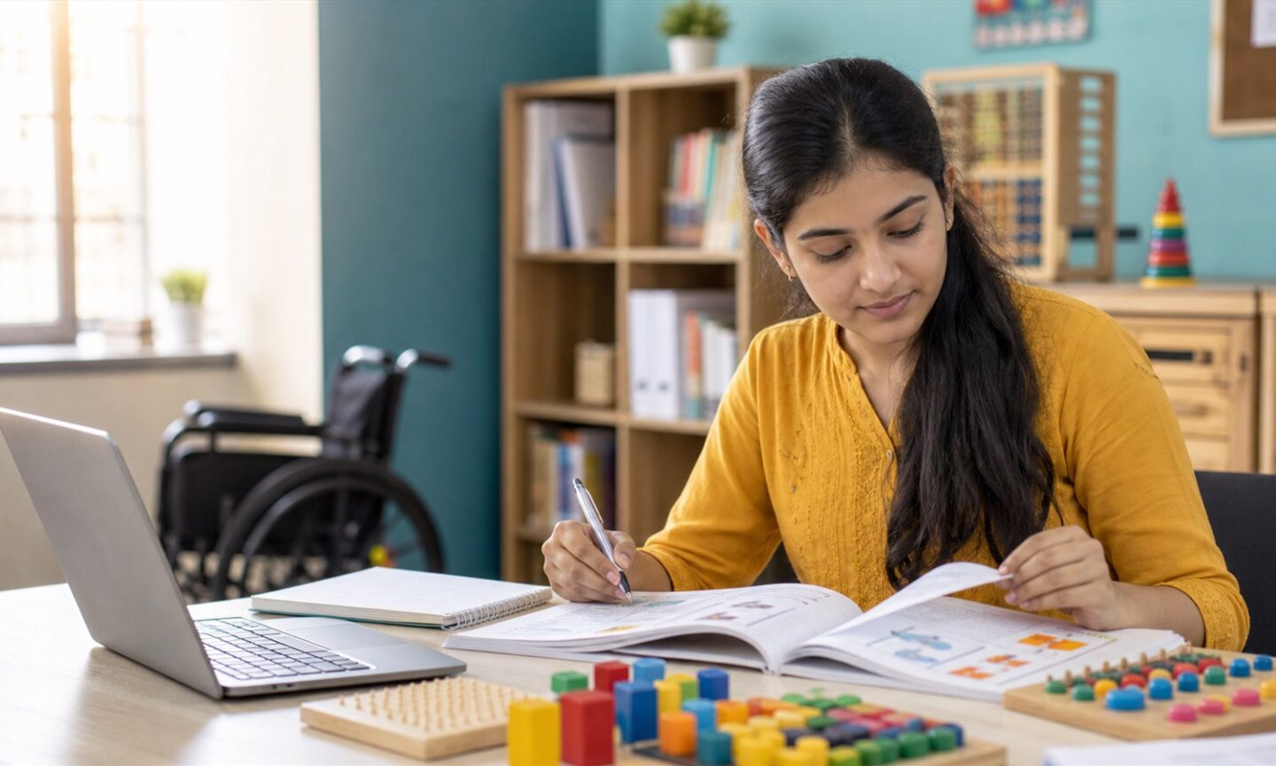 Indian teacher trainee studying inclusive education materials for NIEPMD 2026 admission
