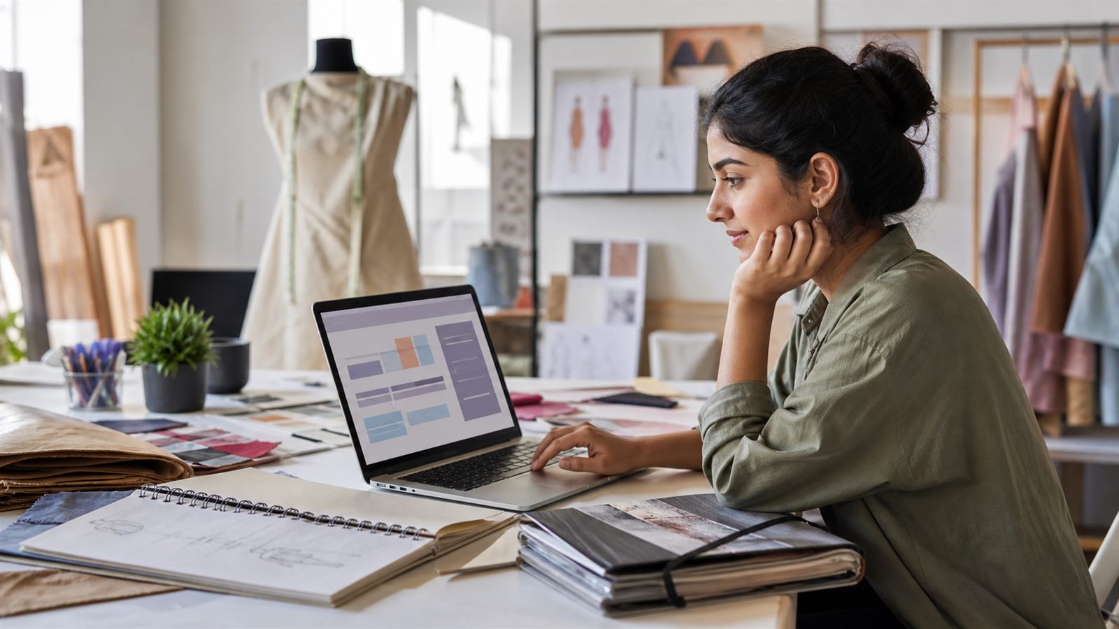 Indian fashion-design applicant reviewing NIFT 2026 spot-round campus choices on a laptop in a design studio