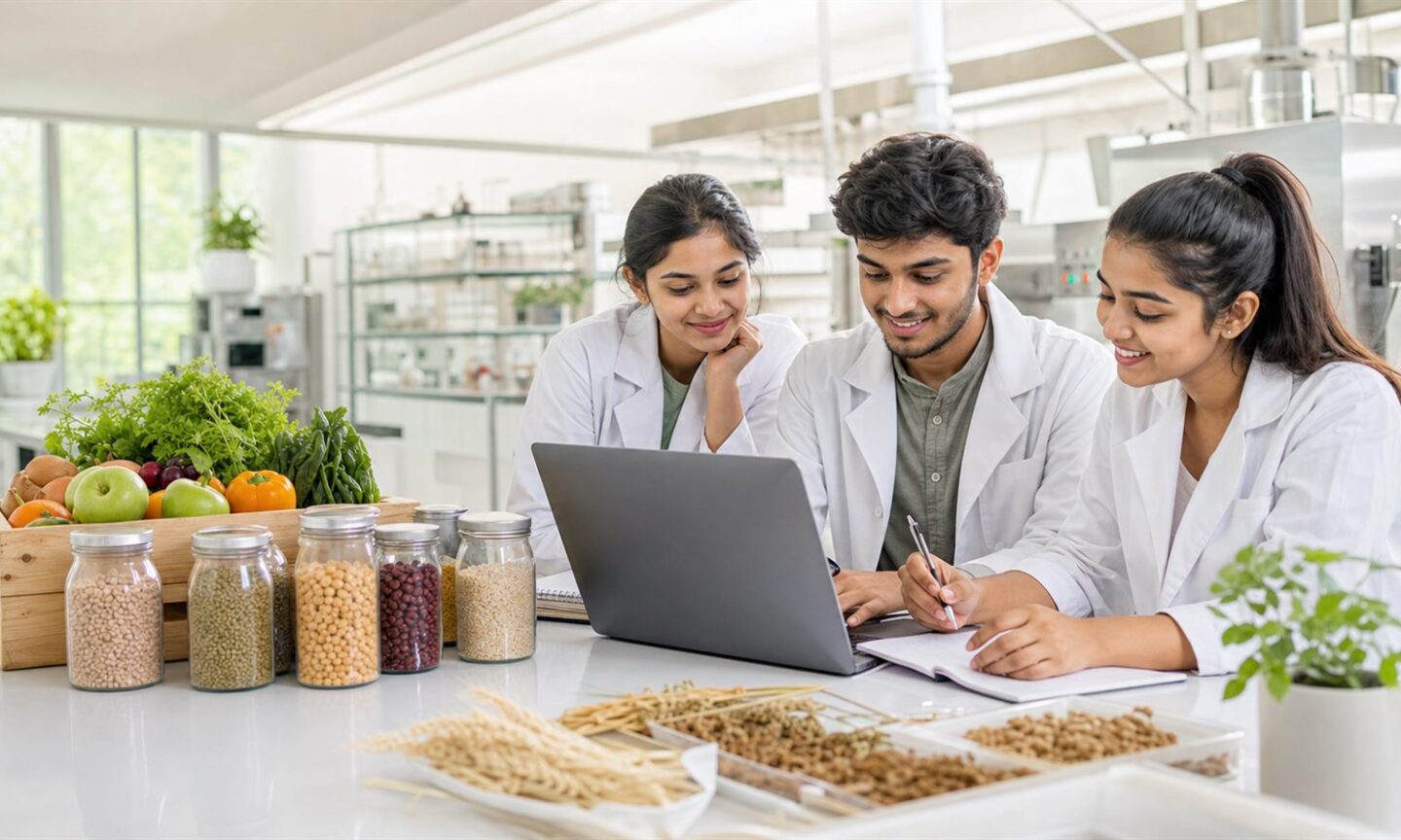 Students reviewing NIFTEM food technology and management admission options in a teaching laboratory