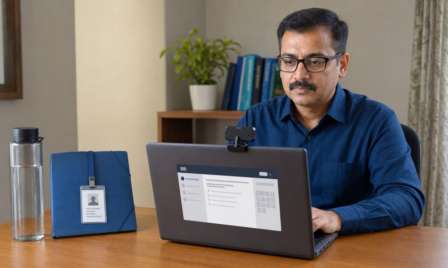 Indian technical educator preparing a laptop and identity card for the remote-proctored NITTT examination