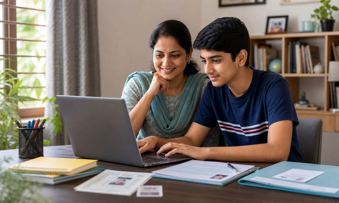 School student and parent completing an NMMSS scholarship application on a laptop