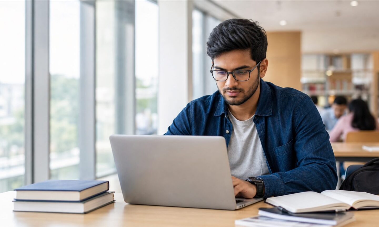 University applicant completing an online admission application on a laptop in a study space