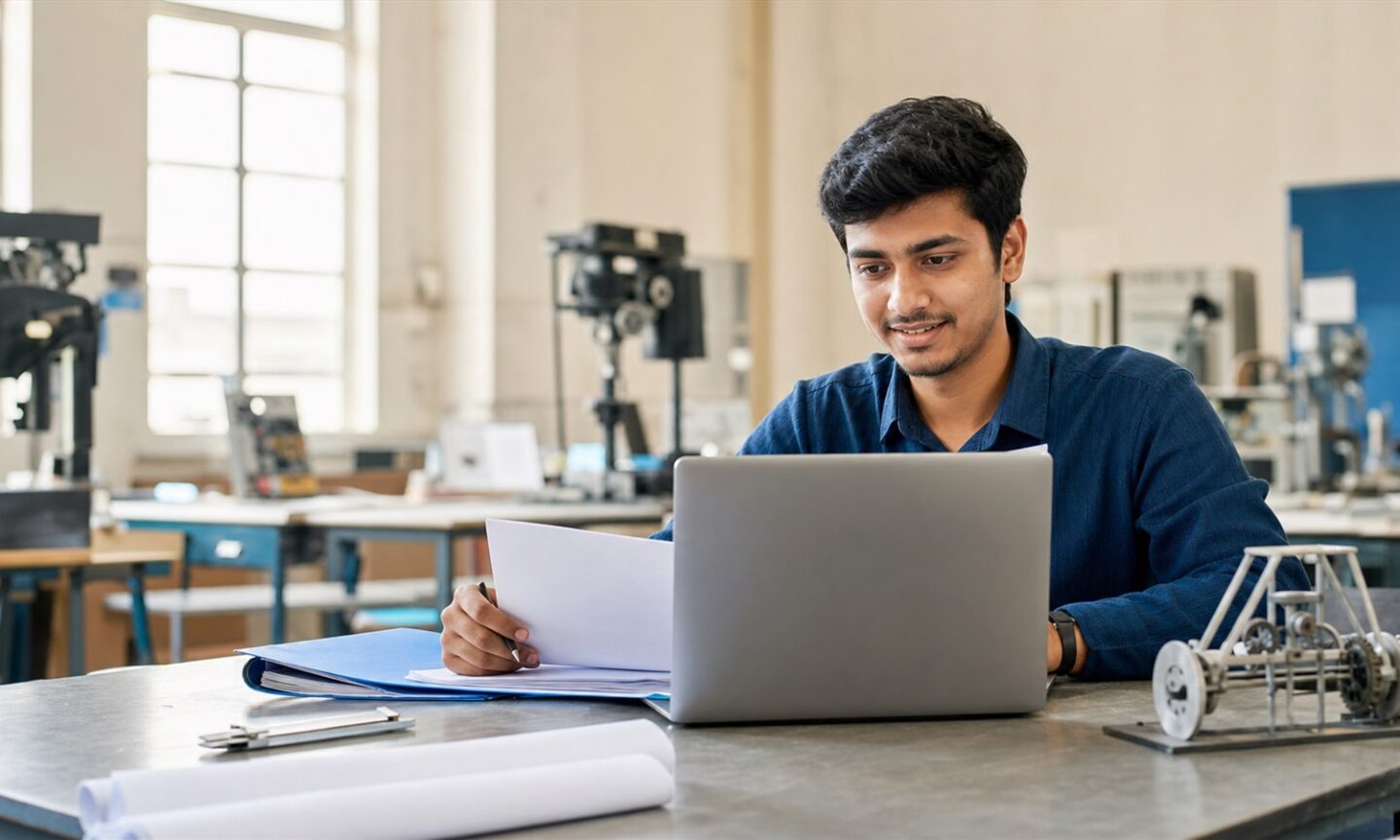 Punjab diploma applicant reviewing institute admission documents and an online portal in a technical workshop