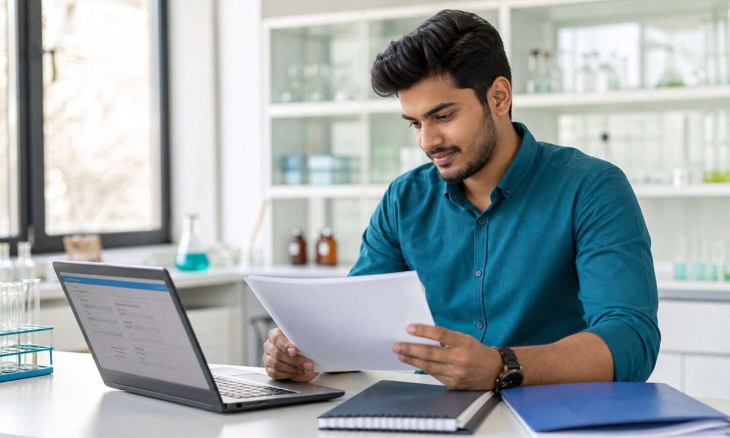 Punjab Diploma in Pharmacy applicant reviewing counselling documents and online registration on a laptop